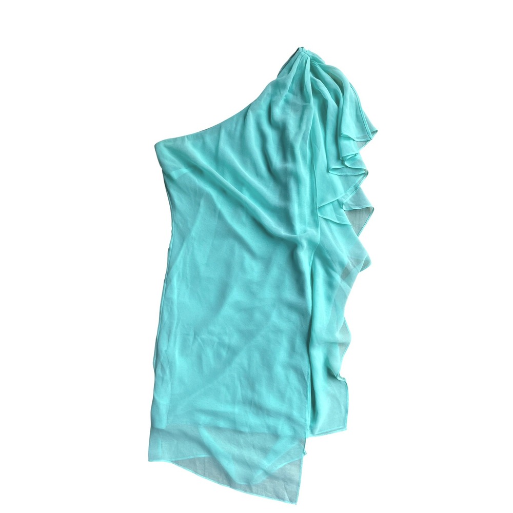 bebe One-Shoulder Ruffle Mini Dress in Aqua